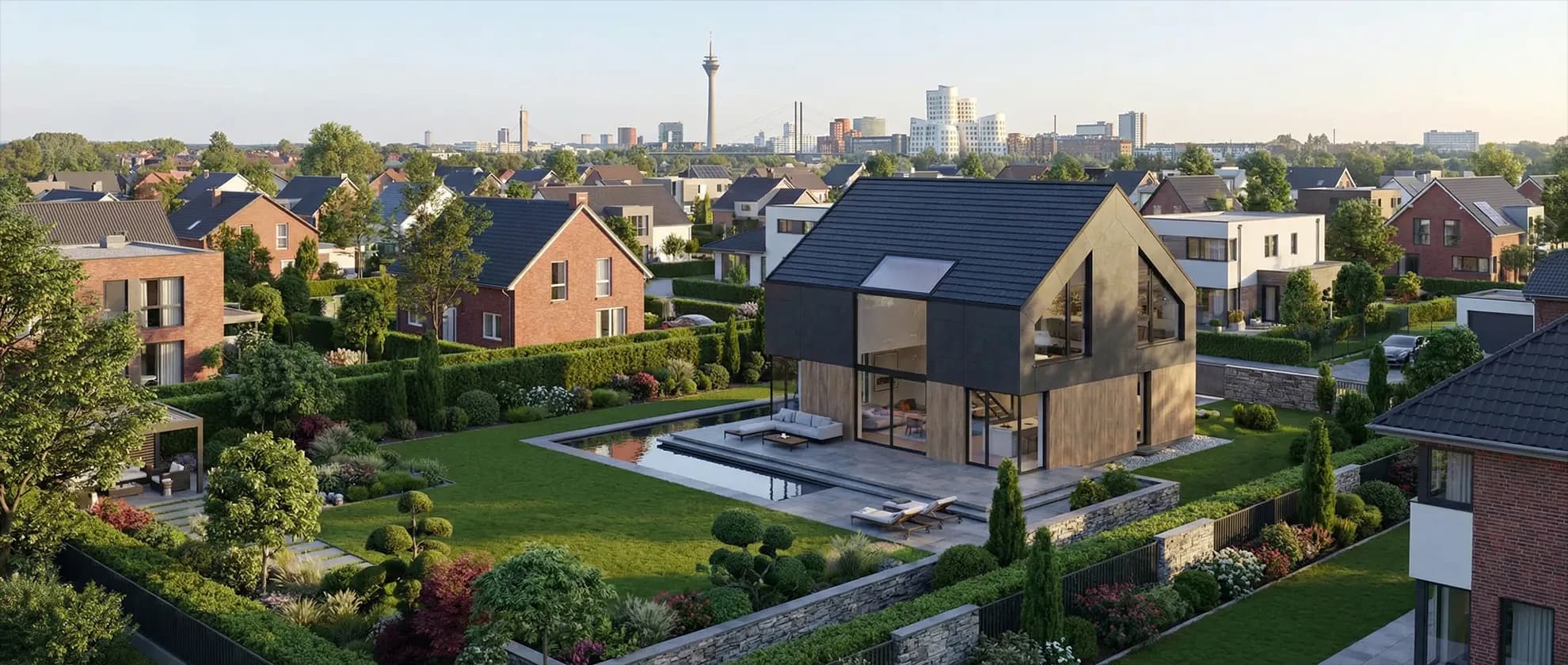 Illustration einer Wohnidee mit Garten vor der Düsseldorfer Skyline