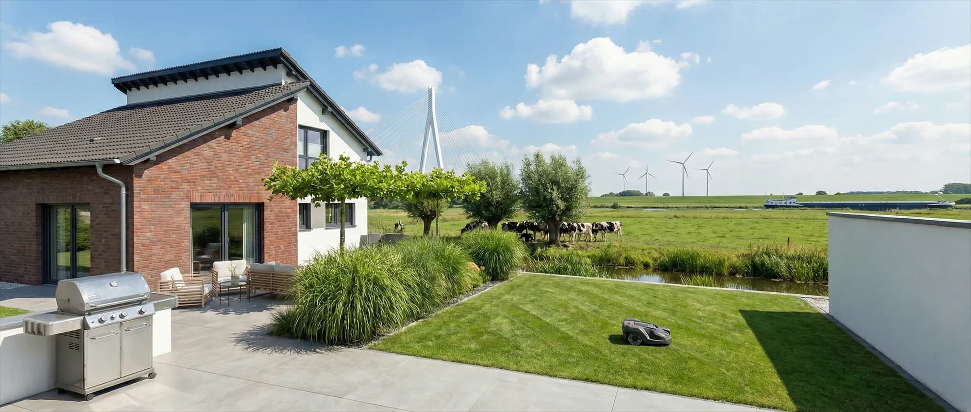 Illustration einer Wohnidee mit Terrasse, Garten und niederrheinischer Landschaft